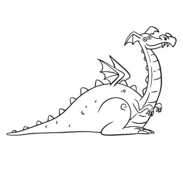 Cute dragon with long neck cartoon line art vector illustration isolated on white background. Friendly monster character outline for children coloring book page, fantasy print or educational materials