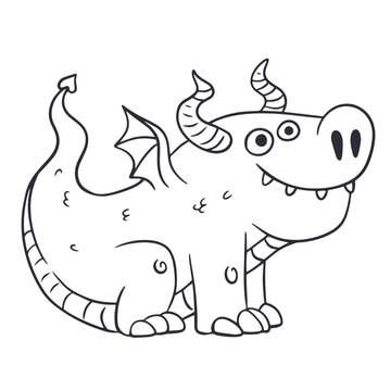 Cute baby dragon with spiral horns cartoon line art vector illustration isolated on white background. Friendly monster character outline for kids coloring page, baby shower design or fantasy sticker.