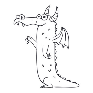 Tall dragon standing on hind legs cartoon line art vector illustration isolated on white background. Cute friendly monster character outline for kids coloring book page, mascot or fantasy sticker.