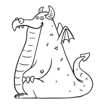 Cute sitting dragon with arrow tail cartoon line art vector illustration isolated on white background. Friendly smiling monster character outline for kids coloring page, fairy tale book or vector icon