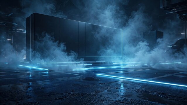 Futuristic Neon Lighted Room with Smoke and Reflections.