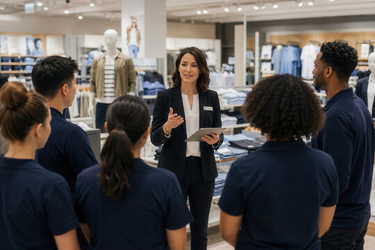 A retail manager leads a team meeting on the sales floor, holding a tablet while staff in uniform listen amid clothing displays and mannequins.