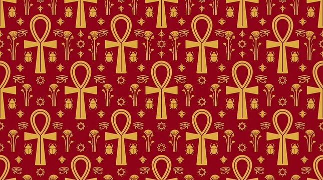 Egyptian seamless pattern with golden ankh and eye of horus