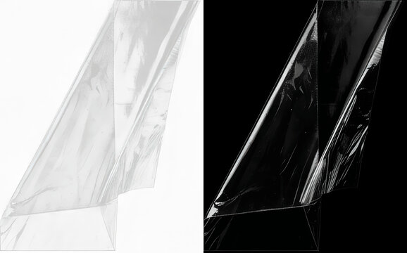 Transparent plastic wrap texture with glossy wrinkle overlays, realistic polyethylene film sheet with crinkled folds, isolated on white and black backgrounds for photo editing and design effects
