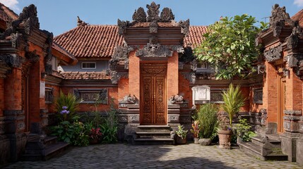 Fototapeta premium A serene courtyard featuring ornate architecture, a carved wooden door, and lush greenery in a sunlit setting