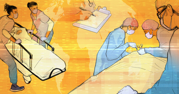 Busy hospital staff and global networks
