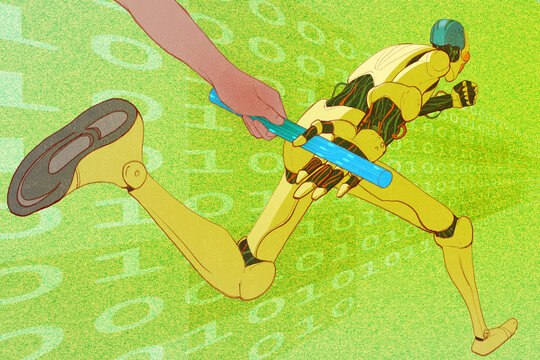 Human handing the baton on to robot in relay race