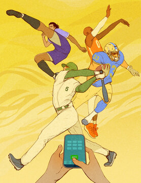 Hand placing bet on smartphone for different sports