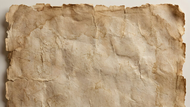 A high resolution texture of an old vintage piece of paper with rough torn edges and a weathered stained parchment surface background