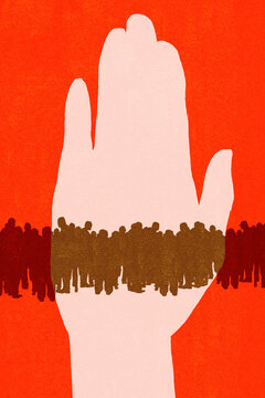 Hand stopping line of migrants