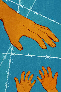 Man's hand reaching for child's hands across barbed wire