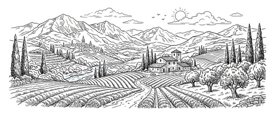 Fototapeta premium Vintage Italian Countryside Landscape Sketch