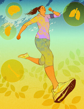 Woman running with healthy brain, bone, lungs and heart