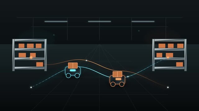 Autonomous robotic carts moving through futuristic warehouse delivering packages along glowing paths in seamless loop
