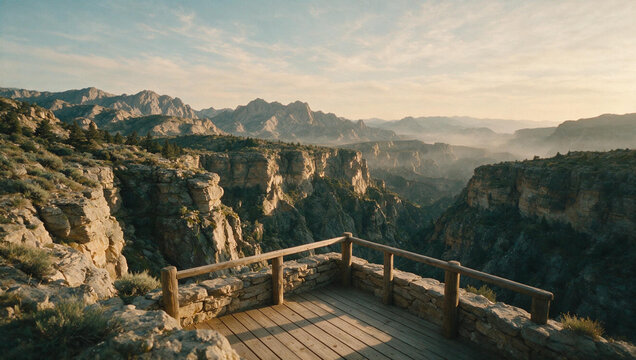 Wooden observation deck overlooking a deep rugged canyon. Scenic viewpoint with stone railing in a vast mountain landscape during golden hour