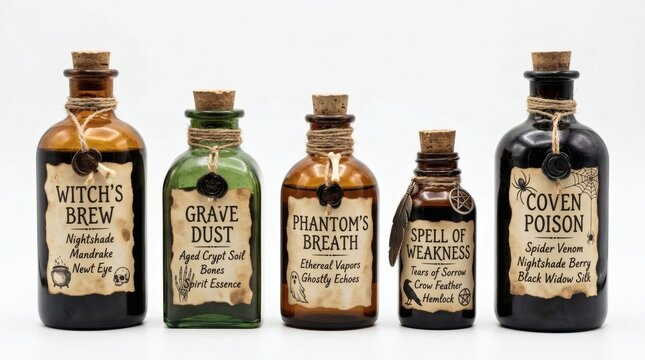 Apothecary potion bottles with mystical labels stand arranged in a row against a white backdrop.