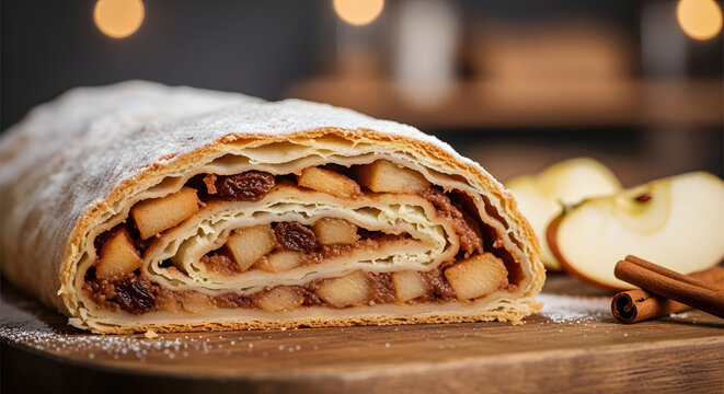 Delicious apple strudel with cinnamon on wooden board for culinary use