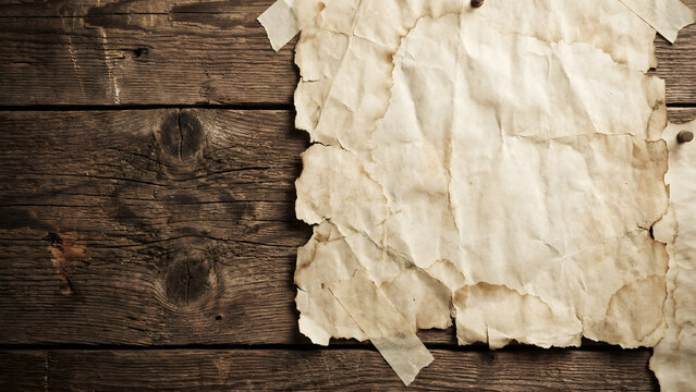 A piece of old textured parchment paper with torn edges placed on a dark rustic wooden background for a vintage design project