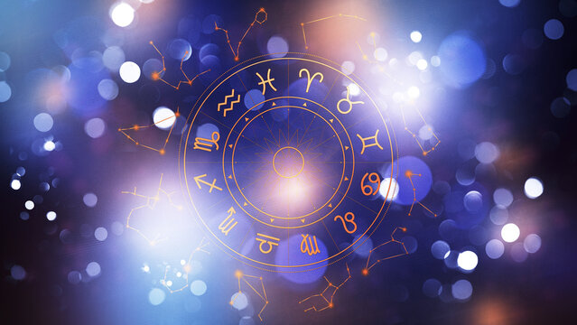 Astrology zodiac signs in a circular pattern with glowing background