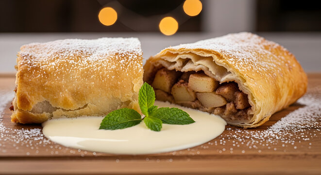 Delicious apple strudel with vanilla cream and mint on wooden surface