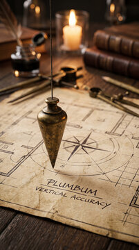 Vintage brass plumb bob suspended over architectural floor plan drawing