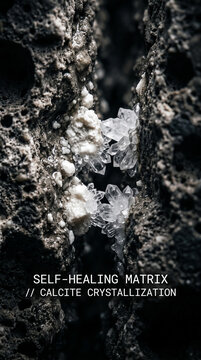 Microscopic calcite crystals growing inside self healing concrete crack