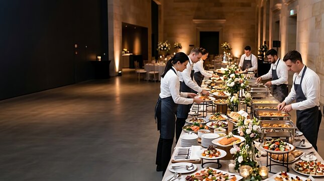 Catering staff arranging gourmet food on a long buffet table at an event
