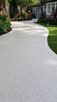 A modern curved concrete driveway leads to a beautiful residential house with lush landscaping. Ideal for home.
