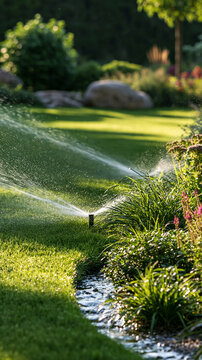 A lawn sprinkler waters the grass during a sunny summer day. Perfect for gardening, landscaping, and irrigation.
