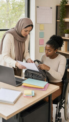Fototapeta premium A young woman in a wheelchair reviews documents while a teacher leans over the desk to discuss papers, with laptop, notebooks and sticky notes visible in the classroom.