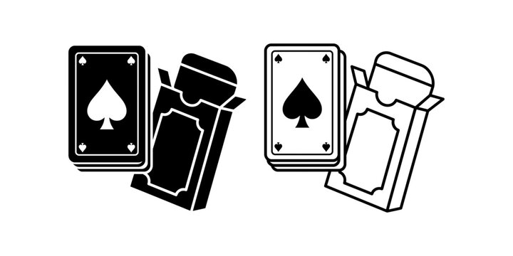 Black and white vector icons of playing card decks and boxes