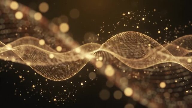 Golden particle waves flowing with bokeh lights during a subtle camera zoom for abstract motion graphics backgrounds