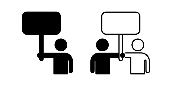 Black and white protest icons featuring people holding blank signs for demonstration