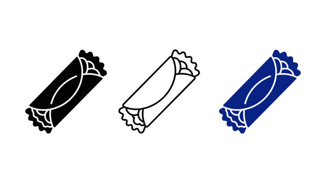 Set of three burrito taco wrap icons in solid and outline styles