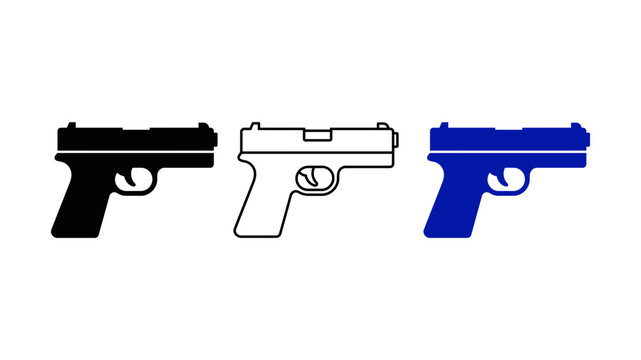 Set of three handgun icons in black outline and blue silhouette styles