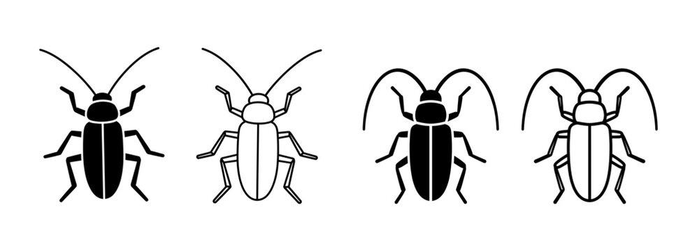 Set of black and white cockroach icons isolated on white background