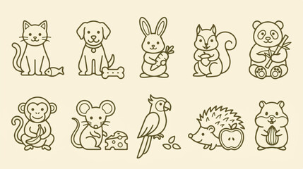 Obraz premium Minimalist animal line icons set, 10 cute pet and wildlife vector illustrations, simple outline animal characters for kids branding