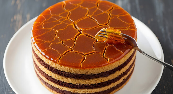 Delicious layered cake with caramel glaze and fork detail on white plate