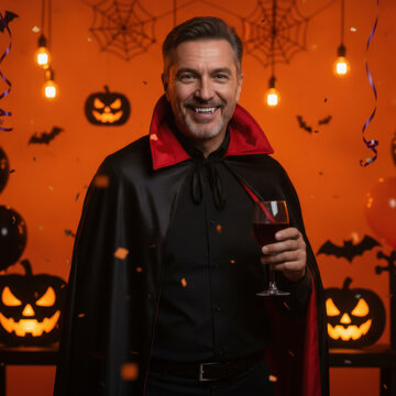 Happy man in vampire costume holding wine glass at Halloween party