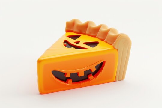 A Halloween-themed slice of pumpkin pie with a carved jack-o'-lantern face, combining festive dessert and spooky decoration.