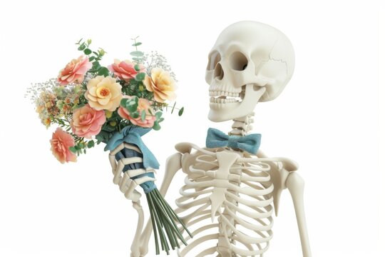 A human skeleton wearing a blue bow tie holds a vibrant bouquet of flowers, blending themes of life and mortality in a visually striking contrast.
