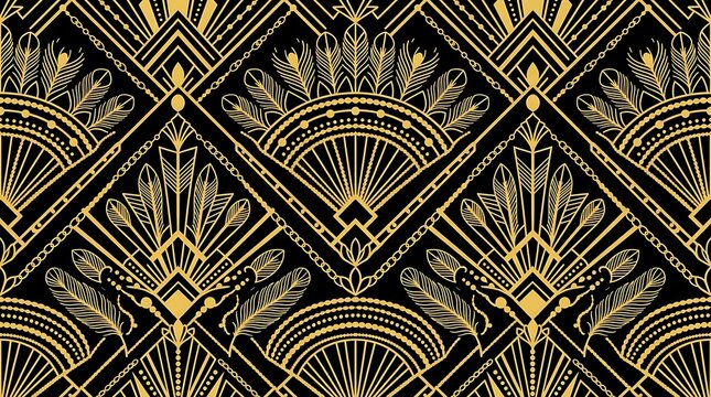 Luxury art deco seamless pattern with golden feathers and fans