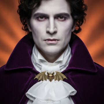 Vampire man in costume with fangs and dramatic makeup looking at camera