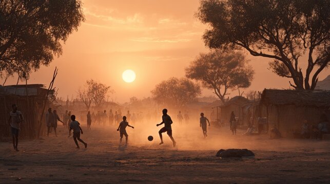 Children play soccer on a dusty field at sunset in an African village, with thatched-roof huts and silhouetted trees