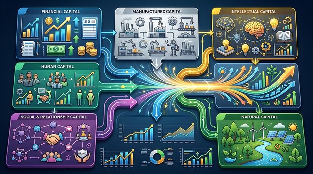 Business infographic showing six forms of capital and value creation