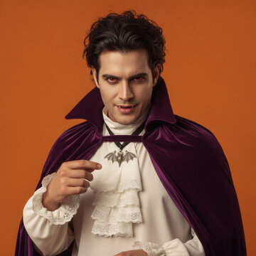 Young man in vampire costume with fangs and cape on orange background