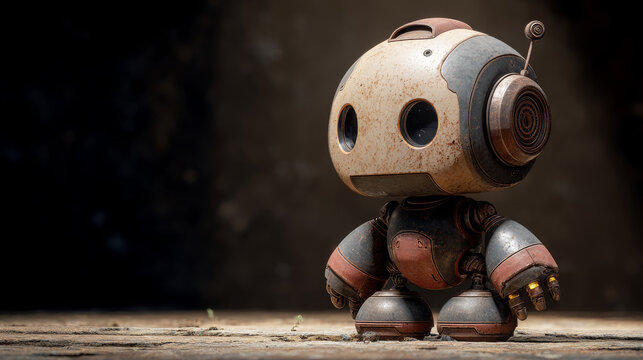 Clay robot smooth surface toy figure, cute vintage automaton on dark background