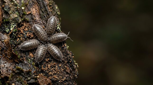 Cluster of isopods on a piece of mossy tree bark