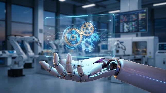 Robotic Hand Presenting Glowing Digital Interface Gears Symbolizing Artificial Intelligence Automation In Modern Factory Setting