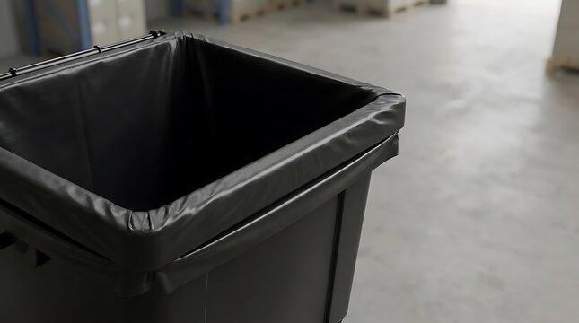 A durable black dumpster liner fitted into an industrial waste bin within a warehouse setting, ideal for commercial sanitation and disposal management.